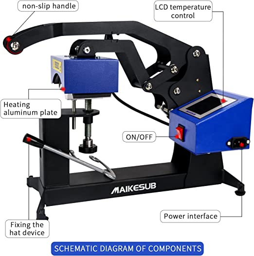 MAIKESUB Hat Heat Press Machine 6x3.2Inch Curved Element Cap Heat Press Clamshell Design Heat Press for Hats Rigid Steel Frame No Stick Digital LCD Timer and Temperature Control