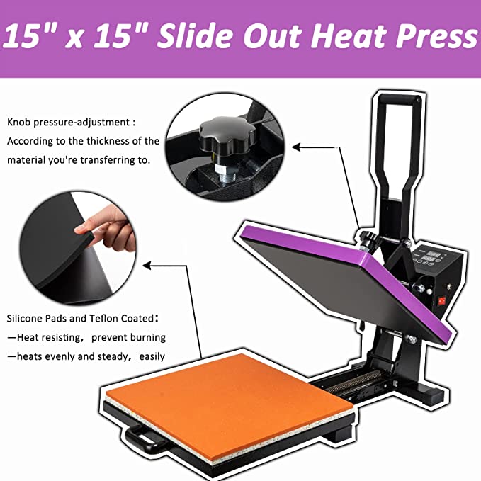 Slide Out Heat Press 15x15 Heat Press Machine with Digital Controller Sublimation Transfer Machine Industrial Home DIY Heat Press, Heat Press Machine for T-Shirt, Mouse Pad, Canvas Bags (Purple)