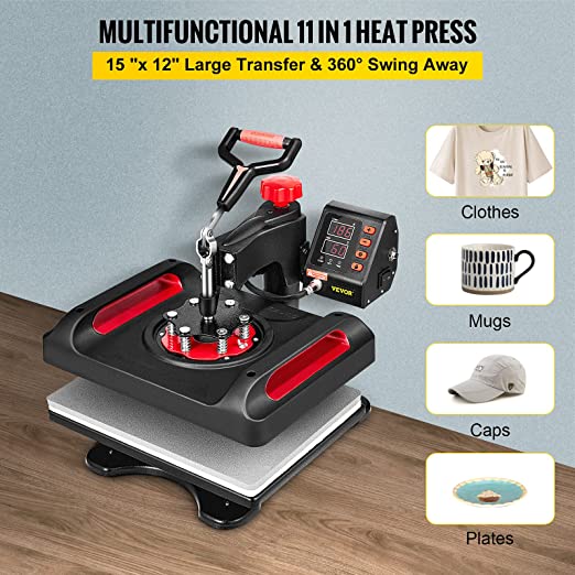 11 in 1 Heat Press, 12 x 15 Inch, Multifunctional Clamshell Printer, Digital Dual-Tube Heat Press Transfer Machine, Swing Away Sublimation Machine for T-Shirt Hat Cap Mug Plate Pen Shoes Black