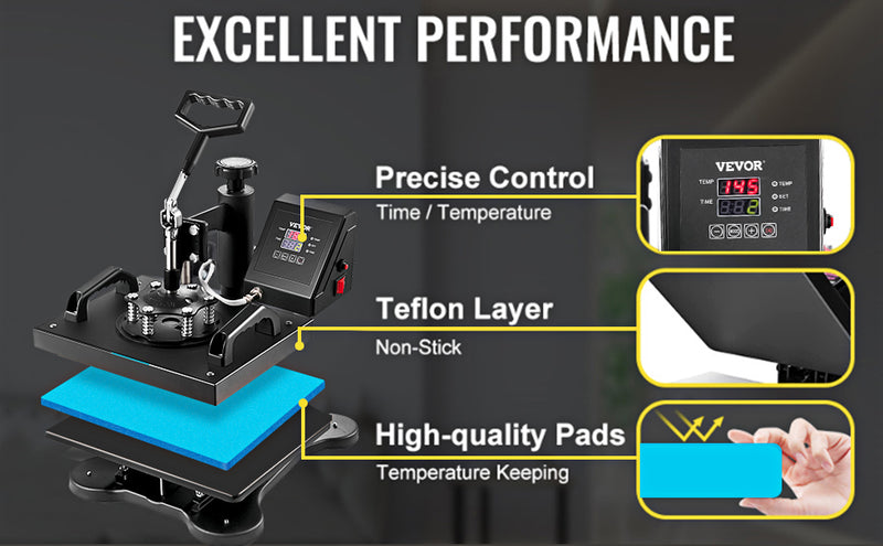 VEVOR Heat Press, Clamshell 12x10in Sublimation Transfer Printer, Digital Precise LCD Control Printing, Vinyl Heat Press for T-Shirts Bags Garments Mats Puzzles, 650W